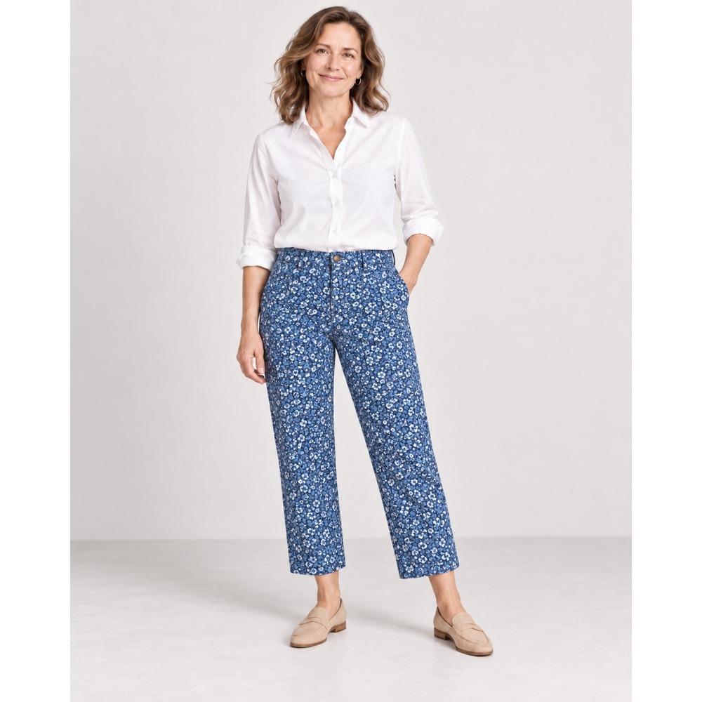 Lands' End Women Floral Ditsy Print Straight Leg Pants 2 Blue Mid Rise Preppy